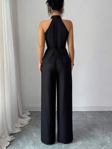 Elenzga Frühlings-/Sommer-Neuankömmling, französischer Luxus, eleganter minimalistischer hochwertiger formeller Büro-/Pendler-lässig-Anzug mit Mandarin-Kragen, Metallschnallen-Dekoration, taillierter Top und gerade geschnittene Hose, 2 Stücke Set - Schwarz - Übersicht 2