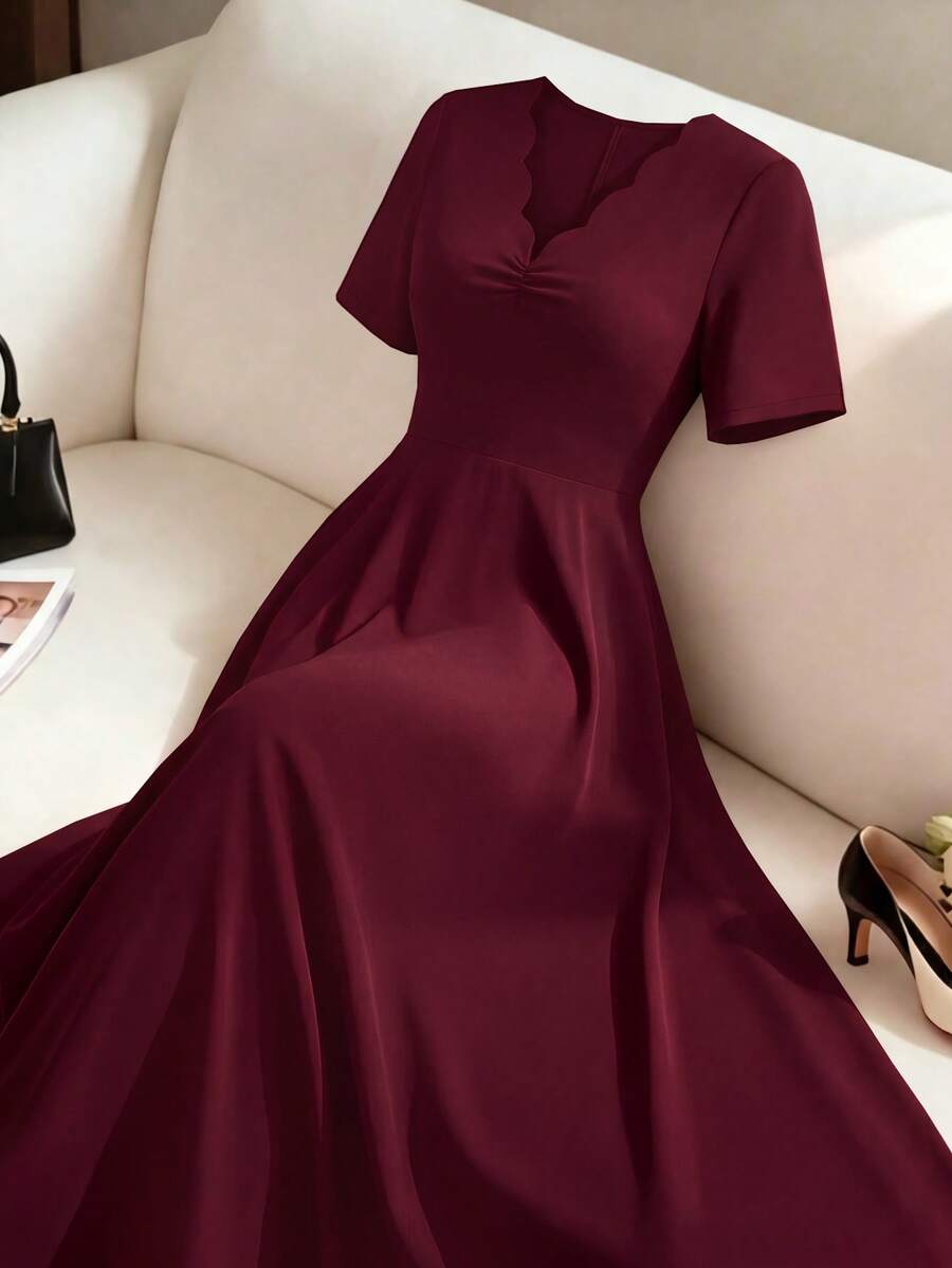 SHEIN Holidaya Đầm dài công sở thời trang cổ lượn sóng dành cho nữ cỡ lớn - Màu Đỏ Sâu - Xem 1