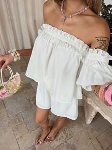 DAZY 2pcs Women's White Ruffled One-Shoulder Blouse Set, Loose Fit - White - View 3