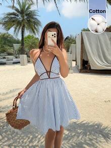 SHEIN Frenchy 女士条纹深V领露背迷你连衣裙 - 彩色 - 查看 2