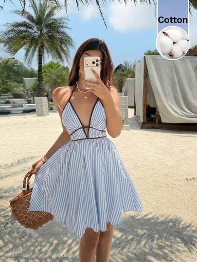 SHEIN Frenchy Women's Striped Plunging V-Neck Backless Mini Dress