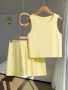 2pcs/Set Striped Bow Tie Sleeveless Crop Top,Ruffle Hem Shorts Set For Teenage Girls,Sweet & Spicy Style,Summer,Casual,Holiday Parties Outings - Yellow - View 8