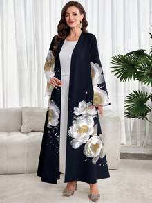 Al Najma Áo Abaya Ả Rập kín đáo với họa tiết hoa - trắng - Xem 5