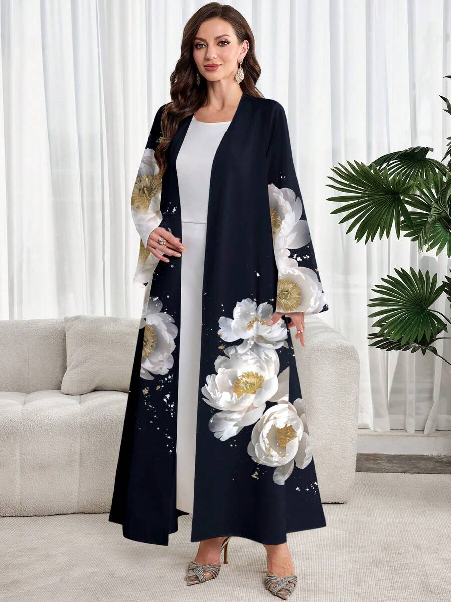 Al Najma Floral Print Modest Arabic Abaya - White - View 1