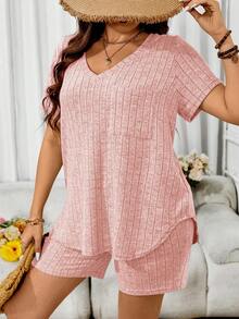 Breezaya Plus Size Summer Casual Ribbed Pocket Short Sleeve T-Shirt And Shorts 2 Pieces Set - Pink - View 4