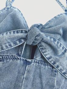 SHEIN MOD Bộ áo liền quần denim nữ, áo hai dây gợi cảm kiểu retro, màu xanh dương - Rửa nhẹ - Xem 3