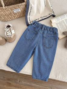 SHEIN LMoss Kids Quần jean denim dáng rộng cho bé gái, có thêu hình trái tim và túi quần. - Rửa trung bình - Xem 8