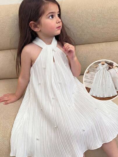 Young Girls' Milky White A-Line Dress With Pearl Beaded Big Bow, Cute Princess Dress For Party, Photoshoot, Outing, Daily Wear