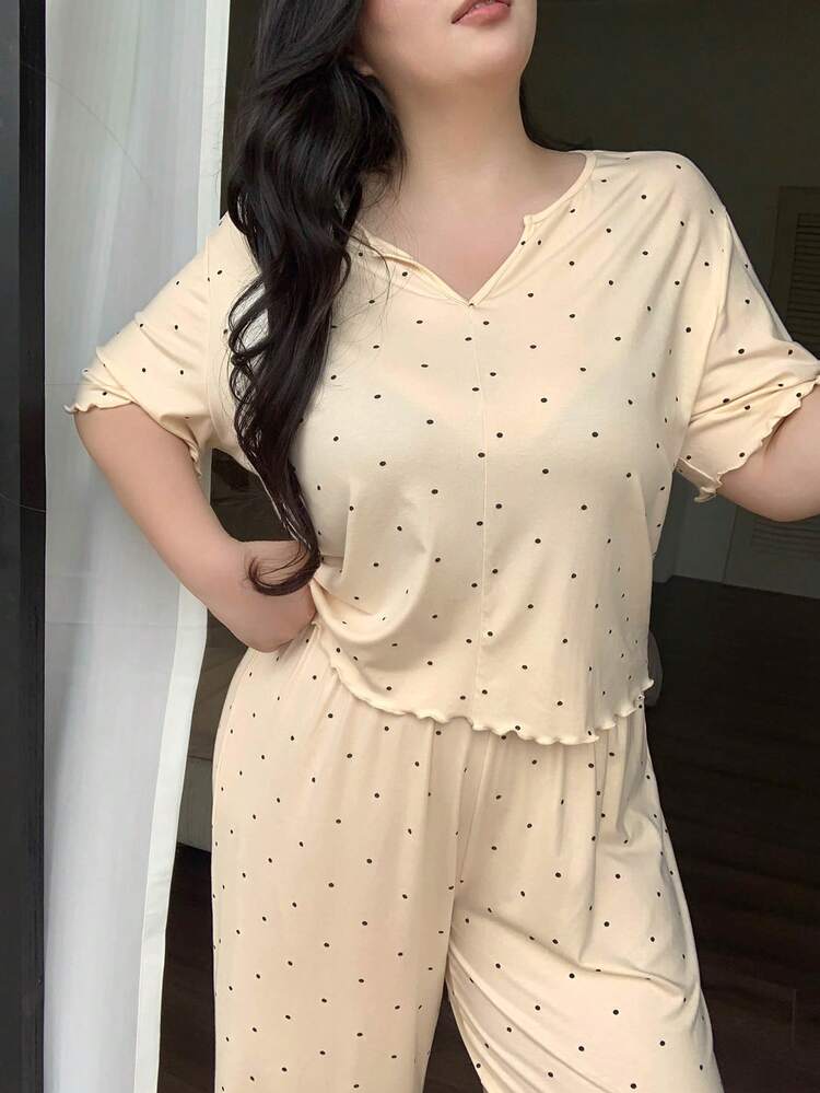 Dazy Plus 2pcs/Set Polka Dot Pattern V-Neck Short Sleeve T-Shirt And Loose Straight Long Pants Pajama Set, Plus Size Women Spring/Summer