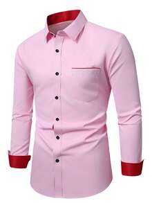 Manfinity Mode Men's Single-Breasted Casual Versatile Commuting Long Sleeve Formal Shirt, Ceremony - Baby Pink - View 4