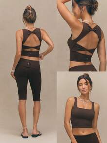GLOWMODE FeatherFit™ Active Ambition Atasan Tank Top Crop Lembut Seperti Mentega dengan Leher Persegi dan Punggung Terbuka Berpilin, Cup yang Dapat Dilepas, Cocok untuk Yoga, Studio, dan Pakaian Sehari-hari dengan Dampak Rendah - Coklat - View 8