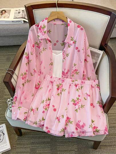GlowEve CURVE Plus Size Women's Elegant Floral Striped Outfit, Single-Breasted Long Sleeve Shirt + Solid Color Camisole + Chiffon Shorts, Suitable For Daily Commute, Dates, Gatherings, And Photo Shoots