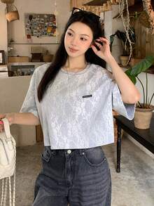 DAZY 女款夏季休閒對比蕾絲落肩短版T恤 - 灰色 - 查看 5