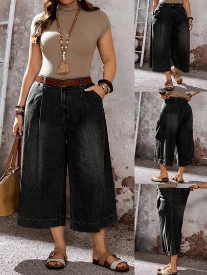 EMERY ROSE Mature Denim Plus Size Women Loose Fit Pocket Decor Wide Leg Cropped Jeans
