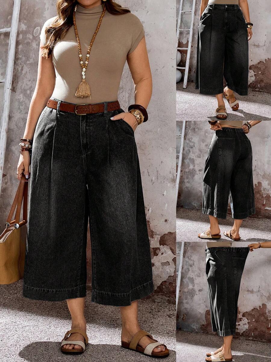 EMERY ROSE Mature Denim Plus Size Women Loose Fit Pocket Decor Wide Leg Cropped Jeans - Black - View 1