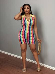 Slaydiva Women Plus Size Casual Sexy 90s Sleeveless Collared Half-Placket V-Neck Fitted Pastel Pink Wavy Pattern Romper Night Carribean Summer - Multicolor - View 7