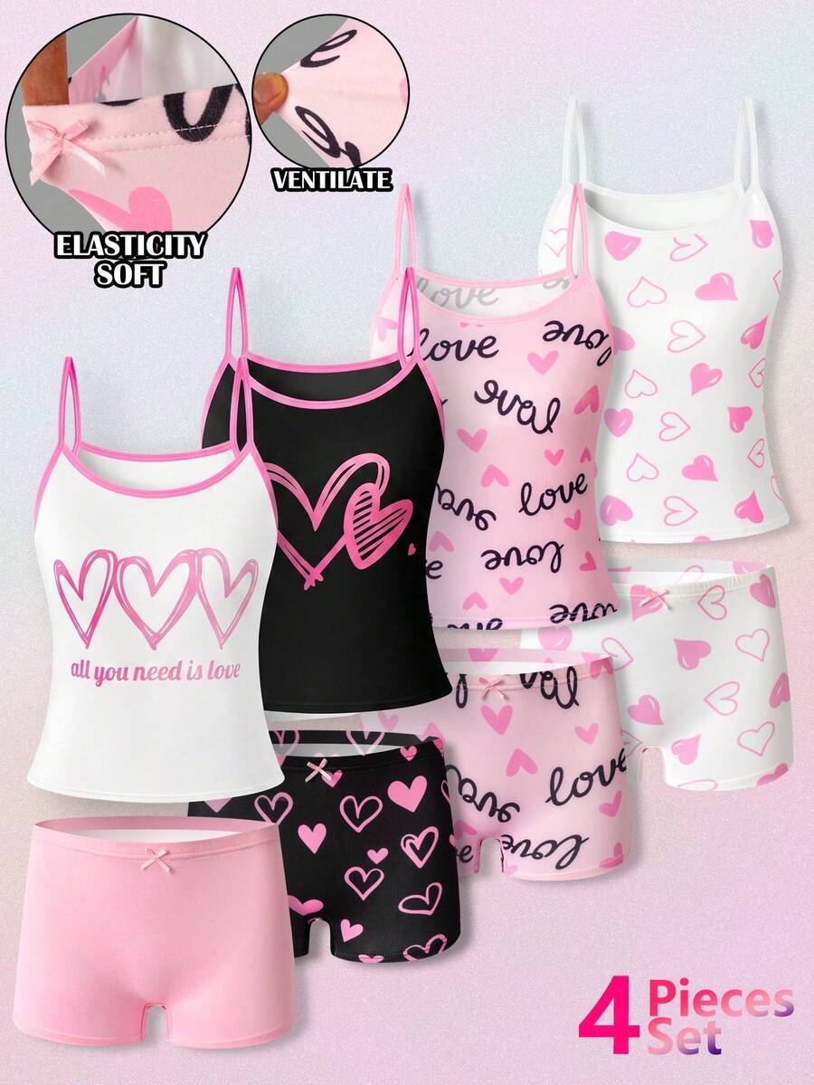 SHEIN 女童簡約時尚純色系列無鋼圈細肩帶內衣與舒適四角內褲4件套內衣組 - 彩色 - 查看 1