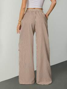 SHEIN Tall 女士夏季基本款条纹阔腿运动裤 - 卡其色 - 查看 2