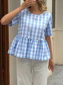 SHEIN LUNE Top básico de moda para mujer con estampado de cuadros azul y blanco, estilo lindo y casual de verano para brunch, vacaciones, uso diario, festivales y conciertos de música country - Azul y blanco - Ver 4