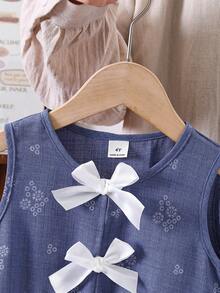 SHEIN Elladie kids 女童两件套，蓝色竹纹印花刺绣花卉图案梭织面料，白色蝴蝶结装饰无袖上衣+阔腿裤，面料柔软舒适，适合女孩日常、上学、度假、派对、海滩、夏季穿着。 - 藍色 - 查看 5