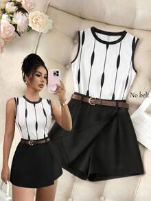 SHEIN Franclia 女士条纹圆领背心和短裤休闲两件套 - 黑與白 - 查看 1