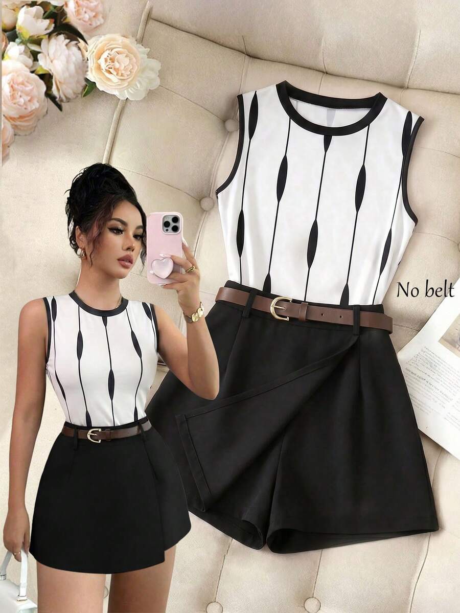 SHEIN Franclia 女士条纹圆领背心和短裤休闲两件套 - 黑與白 - 查看 1