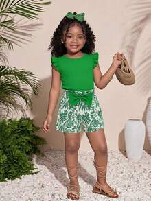 SHEIN Elladie kids 2件套女童绿色针织圆领短袖上衣搭配蝴蝶结装饰短裤套装，适合日常外出和玩耍，适合4-7岁女孩，春夏款。 - 綠色 - 查看 7