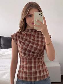 SHEIN 少女褶皱领衬衫，优雅的办公服饰，百搭时尚单品，适合工作、休闲外出、派对等场合，棕色格子图案 - 酒紅色 - 查看 4