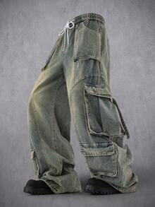 Manfinity Denimwave 男士浅蓝色牛仔工装裤宽松牛仔裤破洞工装牛仔裤，适合送给老公、男朋友的礼物 - 水鴨藍 - 查看 1