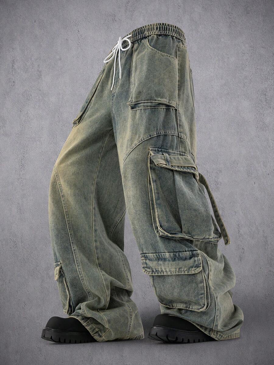 Manfinity Denimwave 男士浅蓝色牛仔工装裤宽松牛仔裤破洞工装牛仔裤，适合送给老公、男朋友的礼物 - 水鴨藍 - 查看 1