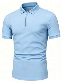 Manfinity Homme 男士素色短袖半拉鍊休閒通勤 Polo 衫，正式款 - 淺藍色 - 查看 3