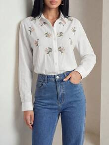 Solavon Camisa casual de mujer de manga larga con bordado floral y abotonadura sencilla - Blanco - Ver 4