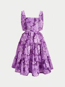 SHEIN 年轻女孩碎花印花露背蝴蝶结休闲度假连衣裙 - 彩色 - 查看 4