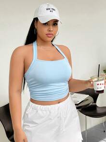 SHEIN EZwear 大码女式纯色吊带褶皱腰背心 - 藍色 - 查看 4