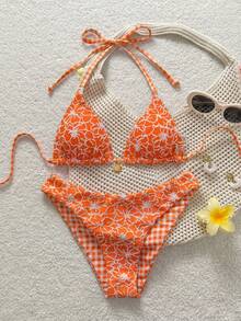 Swim Mod Conjunto de bikini y tanga triangular con estampado completo y cuello de halter de moda para mujer, ideal para la playa de verano - Naranja - Ver 3