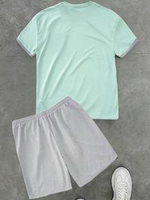 Manfinity Homme Men's Versatile Contrast Color Round Neck Short Sleeve T-Shirt And Casual Drawstring Waist Pocket Shorts Set - Multicolor - View 2