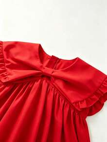 SHEIN 女童纯色荷叶边领无袖束腰连衣裙 - 紅色 - 查看 5