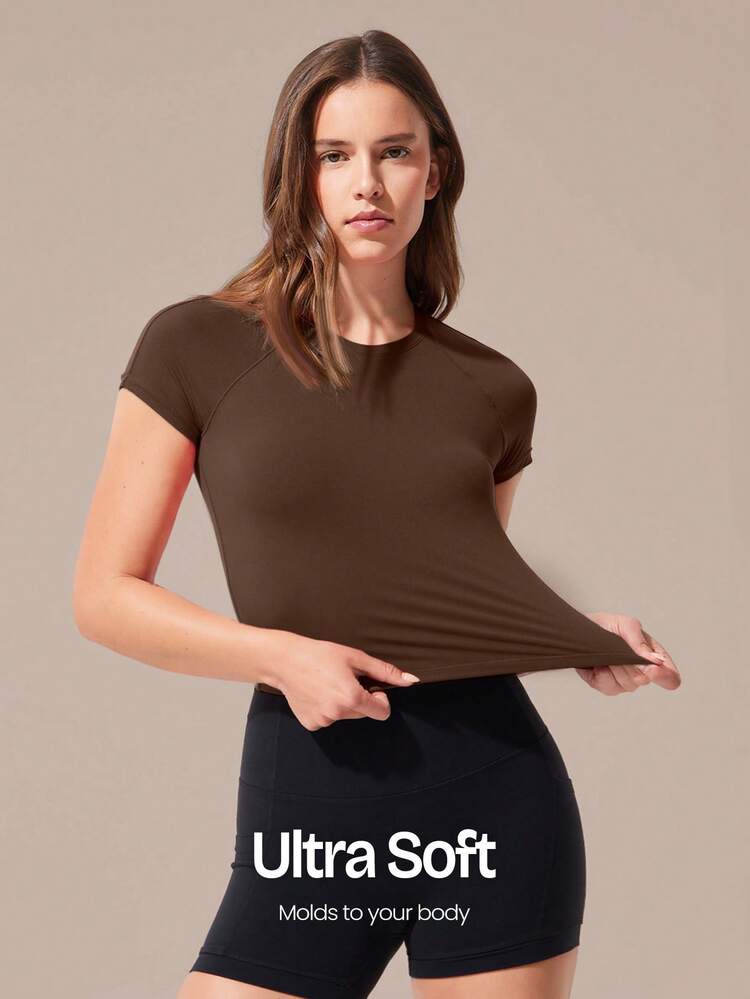 Glow Era Soft Stretchy Round Neck Slim Fit Cropped Short Sleeve Active Crewneck Tee Low-Impact Yoga Pilates Gym Studio Daily Casual Wear