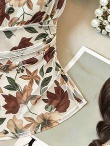 Franclia Women's Casual Floral Print Pleated Camisole For Vacation - Beige - View 5