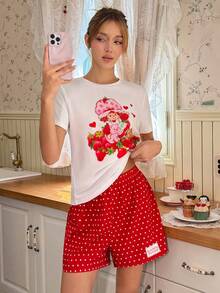 Strawberry Shortcake X SHEIN Women's Round Neck Short Sleeve T-Shirt And Polka Dot Print Shorts Pajama Set, - Red and White - View 1
