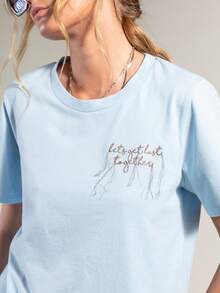 Rouah Casual Boxy Embroidered Lets Get Lost Together Tassel Oversized T-Shirt For Women - Perfect For Summer - Blue - View 4