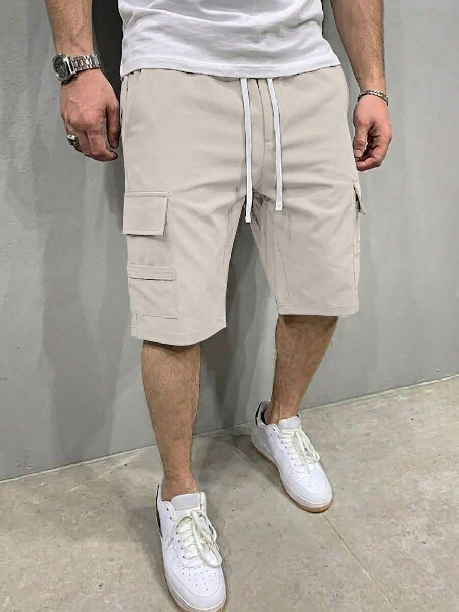 Manfinity Homme 男士休闲纯色工装短裤,夏季 - 米色 - 查看 1