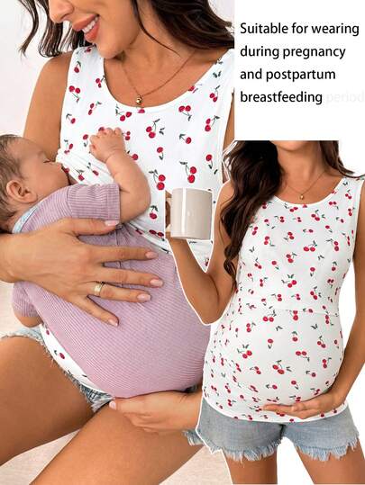SHEIN Áo tank top cho bà bầu in hình quả anh đào, kiểu dáng thường ngày, thích hợp cho con bú.