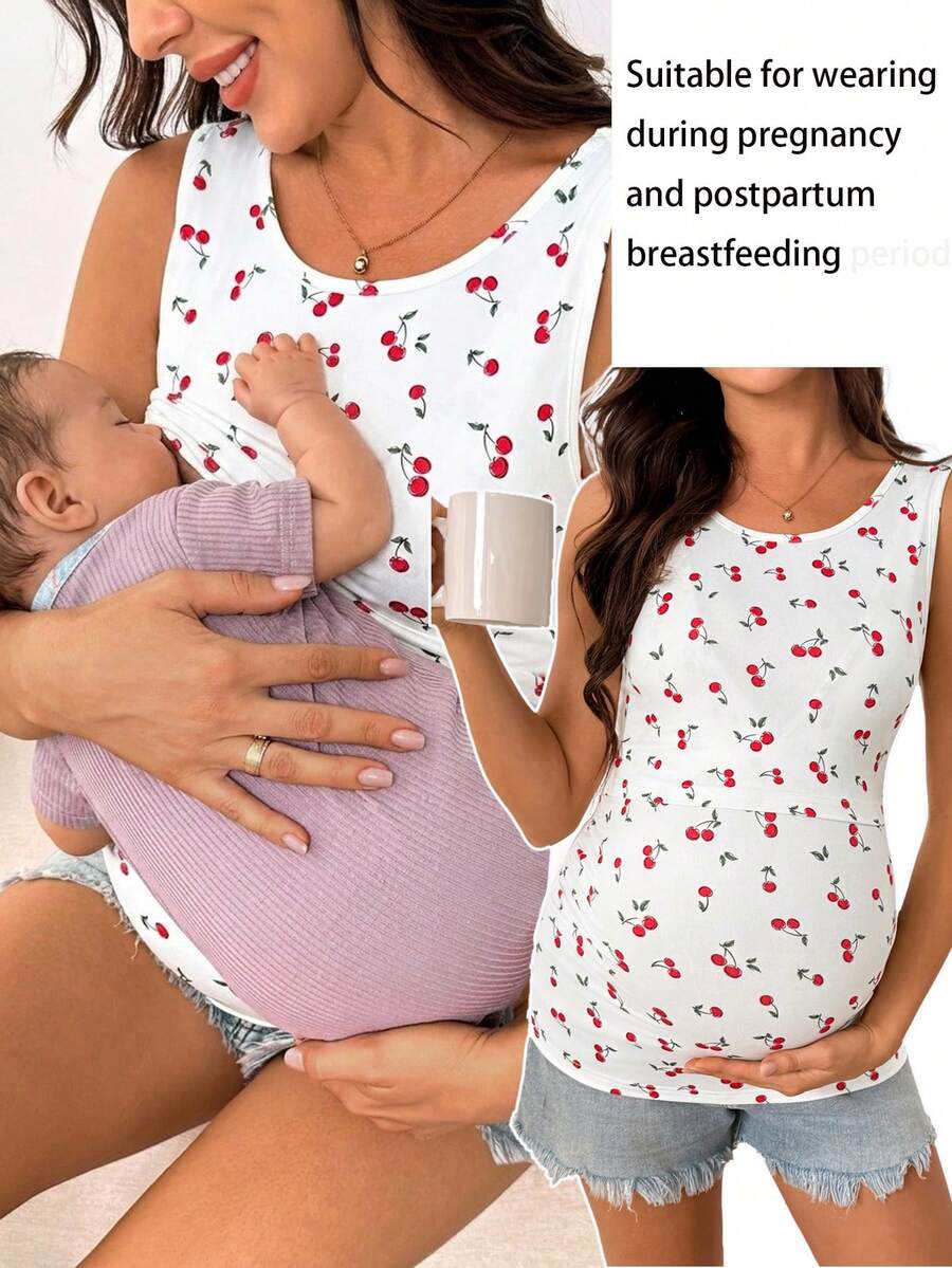 SHEIN Áo tank top cho bà bầu in hình quả anh đào, kiểu dáng thường ngày, thích hợp cho con bú. - trắng - Xem 1