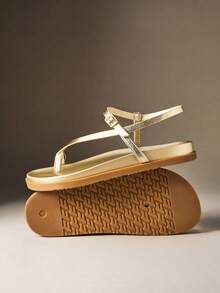 Hauture Sandal đế bằng bằng da PU ánh kim màu vàng, thoải mái, dành cho nữ. - Vàng - Xem 3