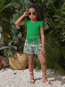 SHEIN Elladie kids 2件套女童绿色针织圆领短袖上衣搭配蝴蝶结装饰短裤套装，适合日常外出和玩耍，适合4-7岁女孩，春夏款。 - 綠色 - 查看 4