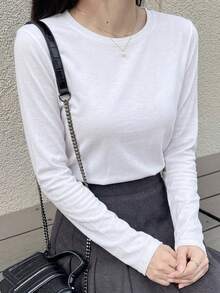DAZY Solid Round Neck Tee,Fall Clothes Long Sleeve Women Tops - White - View 10