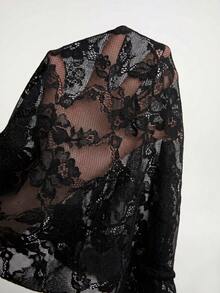Tween Girl Elegant Lace Sheer Long Sleeve Black Fitted Blouse - Black - View 5