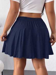 Elenzga Plus Size Casual Solid Color Mini Skirt Shorts - Navy Blue - View 2
