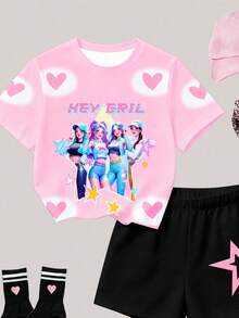 2pcs Young Girls' Fashion K-POP Cartoon Girl Ombre Round Neck T-Shirt And Matching Shorts Set,Light Pink Summer Comfortable Knit Outfit For Holiday - Multicolor - View 4